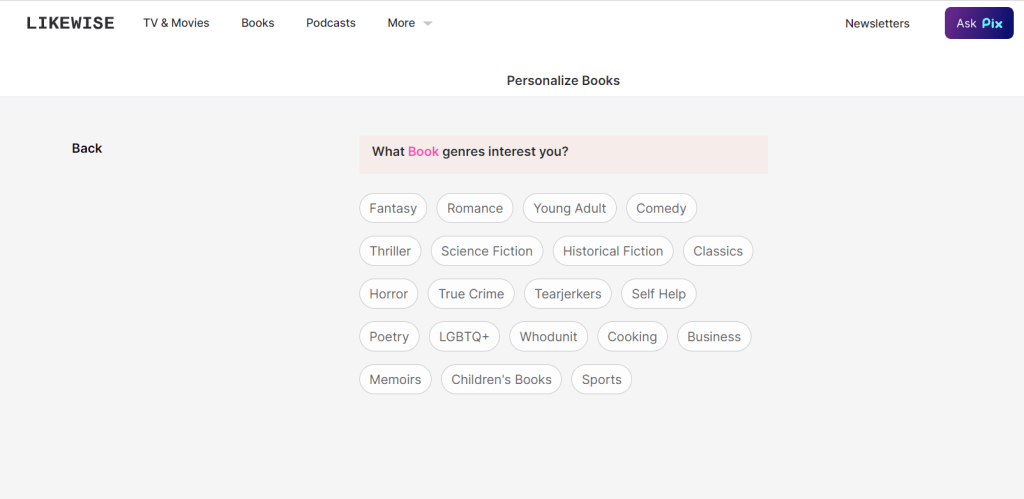 Likewise Pix AI chatbot shows book recommendations