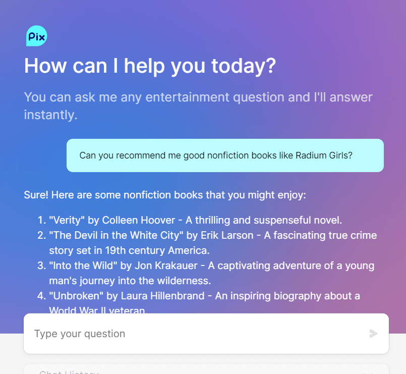 Likewise Pix AI chatbot shows book recommendations