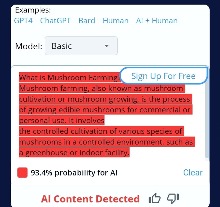 AI foraging books. Copyleaks AI detection of mushroom farming book text