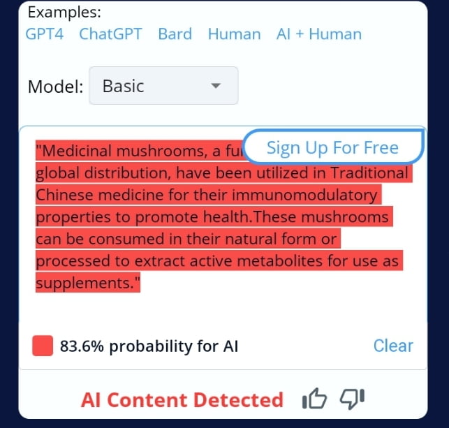 Copyleaks AI detection of medicinal mushrooms book text.