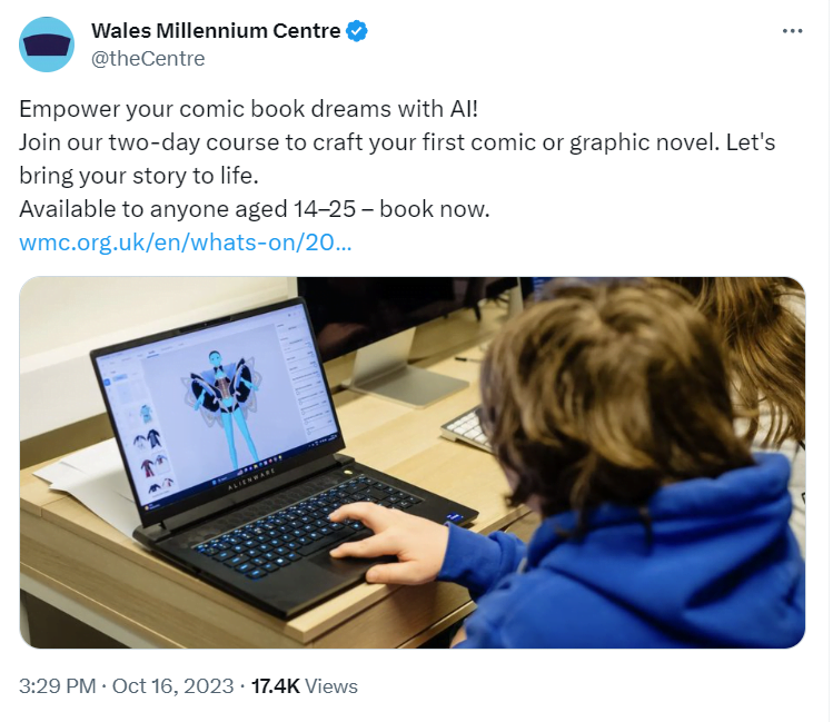 Wales Millennium Centre post on Twitter/X says: "Empower your comic book dreams with AI!
Join our two-day course to craft your first comic or graphic novel. Let's bring your story to life.
Available to anyone aged 14–25 – book now."