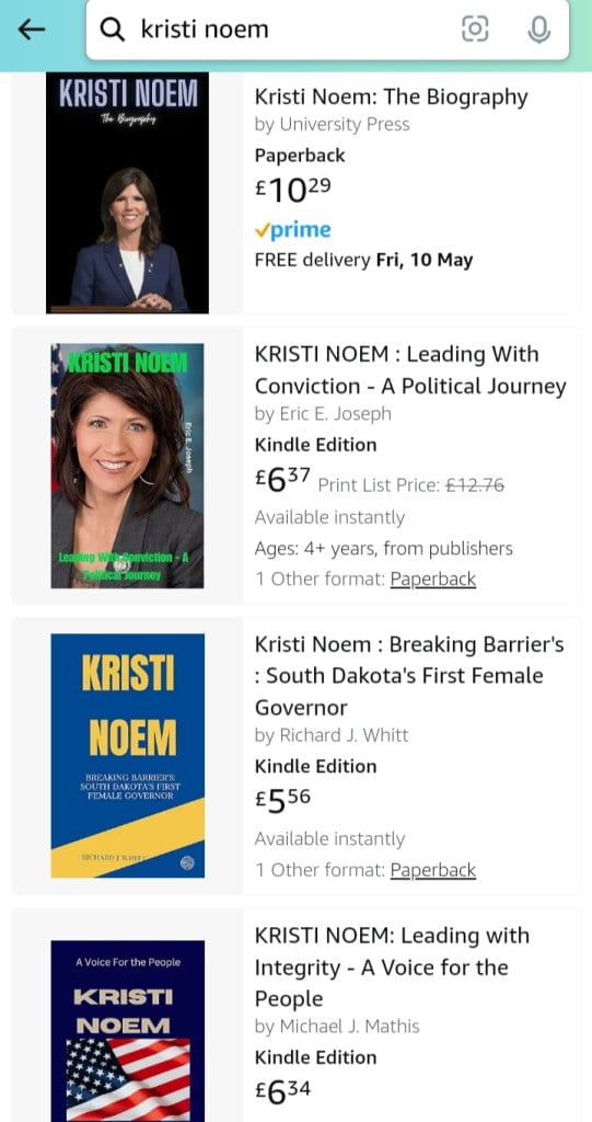 AI-generated biographies of Kristi Noem on Amazon